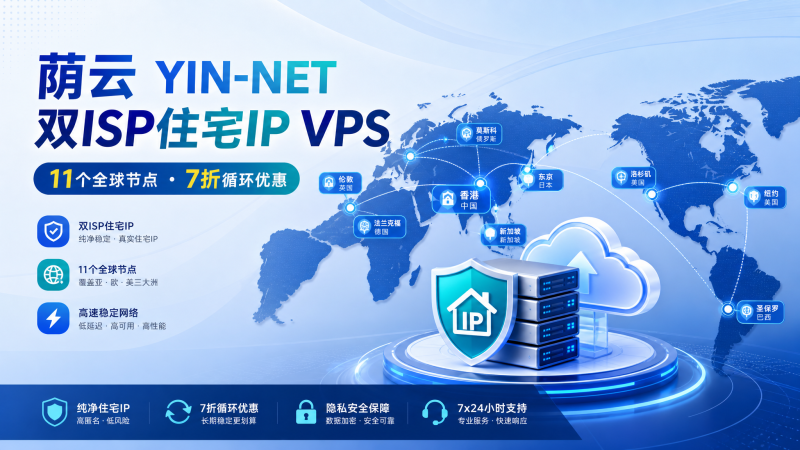 荫云YIN-NET：11个全球节点双ISP住宅IP VPS，7折循环优惠$4.2/月起-VPS导航网