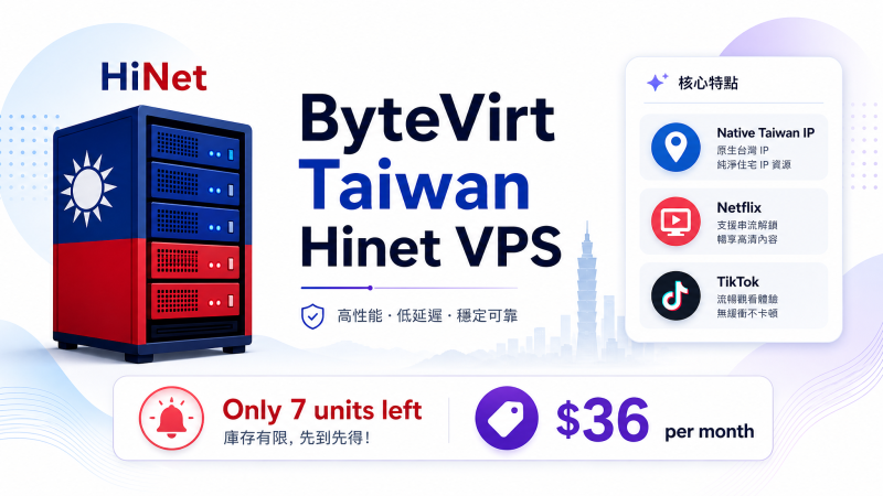 ByteVirt 台湾 Hinet 家宽 VPS 在售情况：低配售罄，2C4G 仅剩 7 台 $36/月-VPS导航网