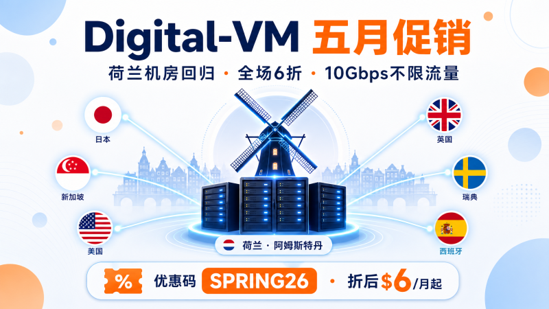 Digital-VM 五月促销：荷兰机房回归，全场 Power VM 享 6 折，10Gbps 不限流量折后 $6/月起-VPS导航网