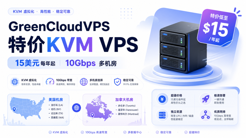 GreenCloudVPS 特价 KVM VPS：10Gbps 大带宽、多机房可选，年付 $15 起-VPS导航网