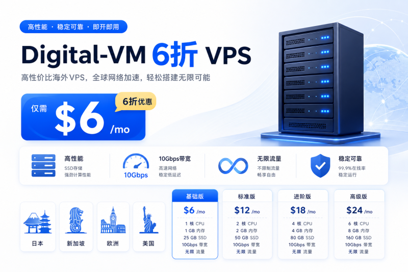Digital-VM 全场6折促销：10Gbps不限流量VPS低至$6/月，日本/新加坡/欧美多机房可选-VPS导航网