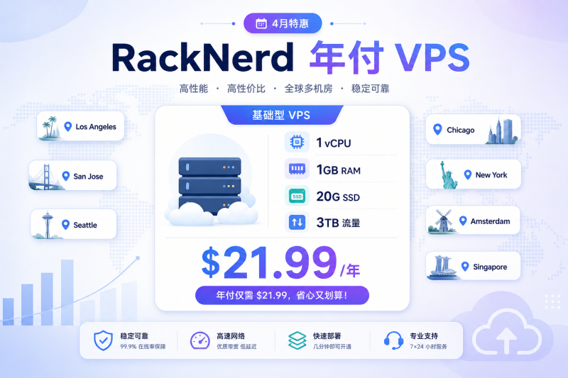 RackNerd 4月促销：1核1G 20G SSD 3T流量年付$21.99起，多机房可选-VPS导航网