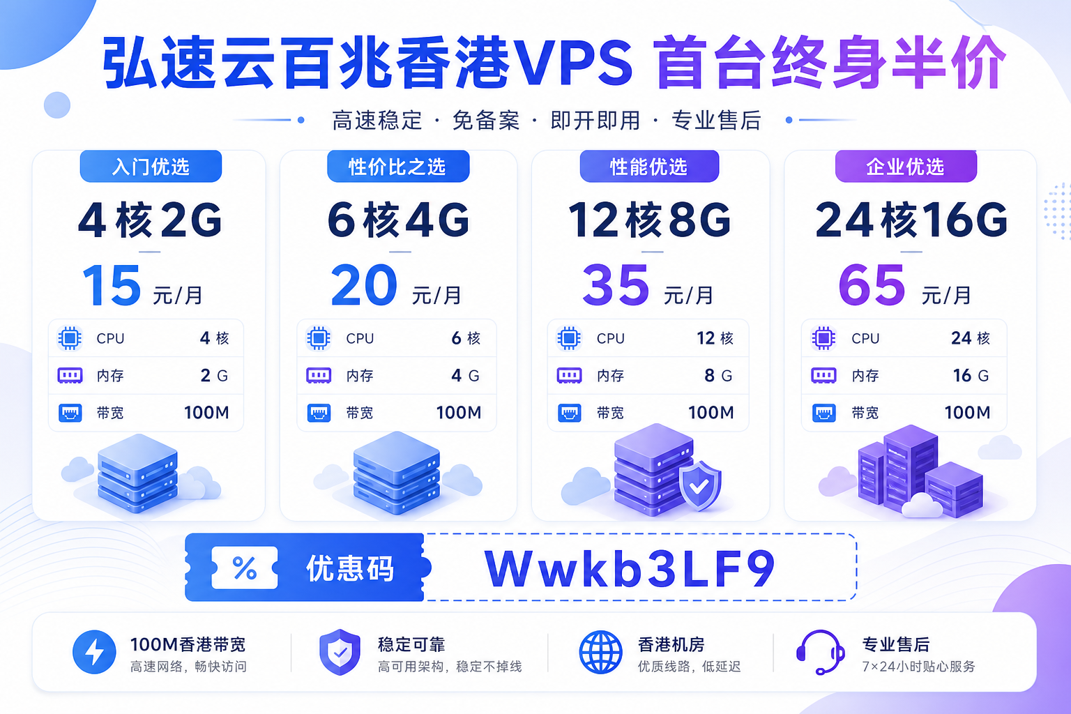 弘速云香港VPS套餐价格对比 15元每月起