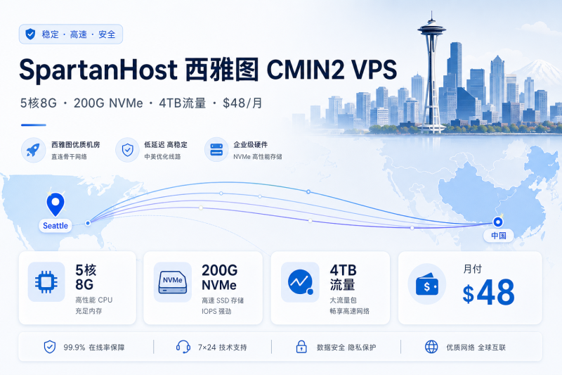 SpartanHost 西雅图 CMIN2 KVM VPS 补货：5核8G/200G NVMe/4TB流量，月付$48-VPS导航网
