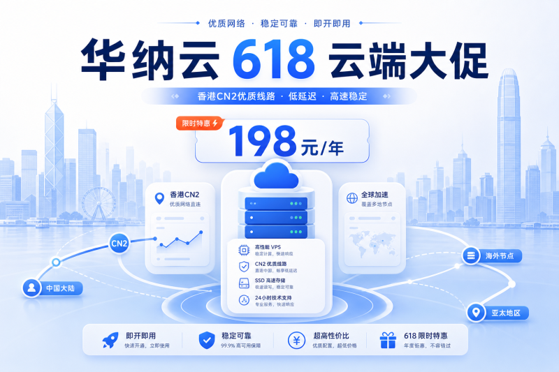 Hncloud 华纳云 618 大促：香港 CN2 云服务器 198 元/年，续费同价不涨价-VPS导航网
