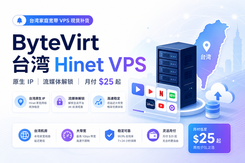 ByteVirt 台湾 Hinet 家宽 VPS 补货：原生 IP + 台区流媒体解锁，月付 $25 起-VPS导航网