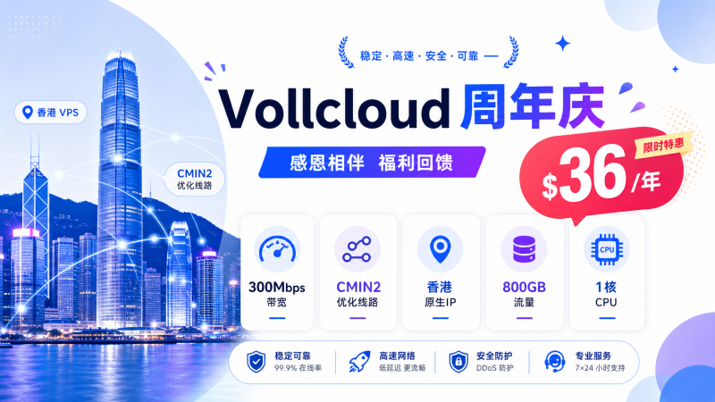 Vollcloud 周年庆：香港 CMIN2 传家宝 VPS 年付 $36，原生 IP 解锁流媒体-VPS导航网