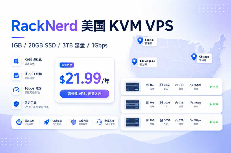 RackNerd 美国 KVM VPS 年付 $21.99 起：1GB 内存/3TB 流量，可选洛杉矶/西雅图/芝加哥-VPS导航网