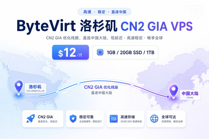ByteVirt 洛杉矶 CN2 GIA 上线，$12/月 1GB 内存，附真实体验提醒-VPS导航网