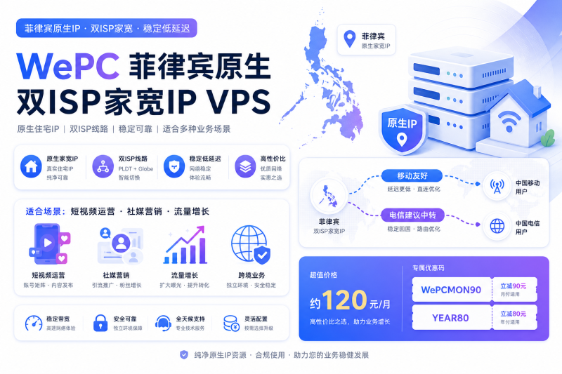 WePC 菲律宾双ISP家宽IP VPS：TikTok 专用月付约120元 - VPS导航