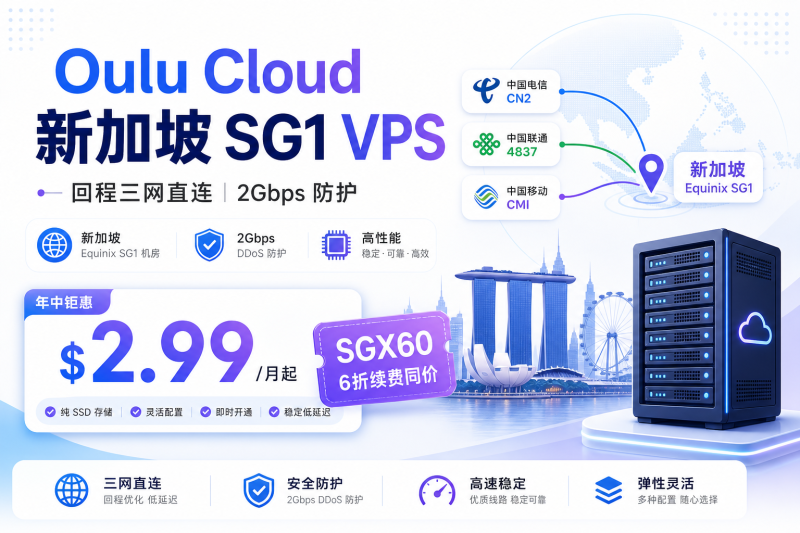 Oulu Cloud 新加坡 Equinix SG1 上线:回程三网直连,$2.99/月起,6折码续费同价