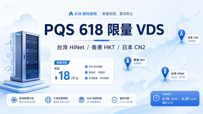 PQS 618限量特惠:台湾HiNet动态/香港HKT/日本CN2原生,6核6G/6666G流量年付4018CNY起-VPS导航网