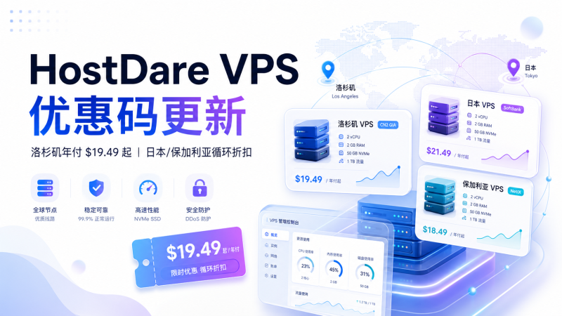 HostDare 限时优惠码更新：日本/洛杉矶/保加利亚三区循环折扣，洛杉矶便宜款年付 $19.49 起