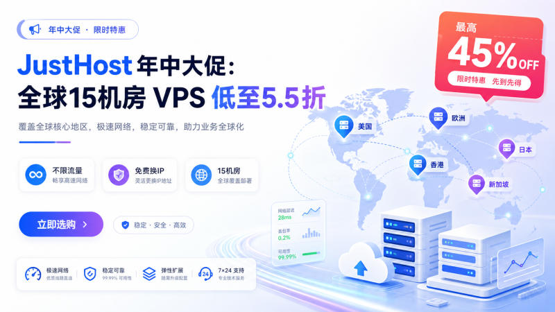 JustHost 年中大促：全球15机房VPS低至5.5折，不限流量免费换IP