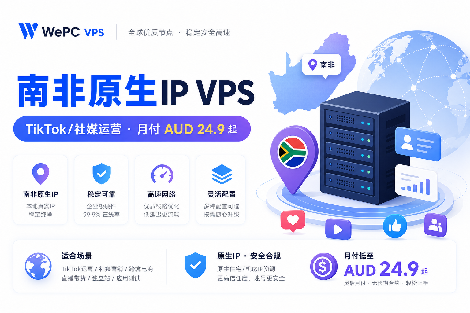 WePC 南非原生 IP TikTok VPS 价格与用途信息图