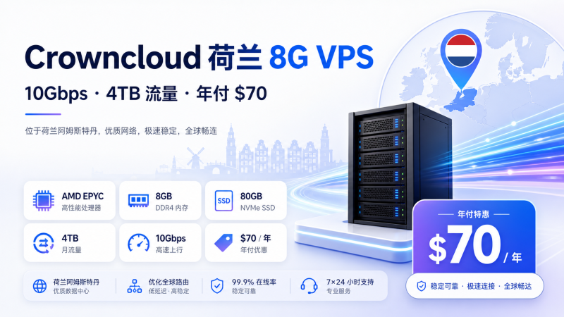 Crowncloud 荷兰 8G VPS 年付 $70，10Gbps 大带宽