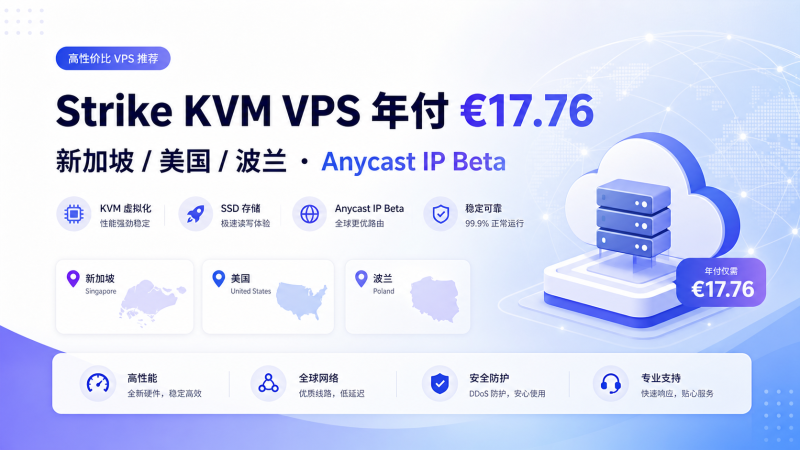 Strike 特价KVM VPS:年付€17.76起,可选新加坡/美国/波兰,附赠Anycast IP