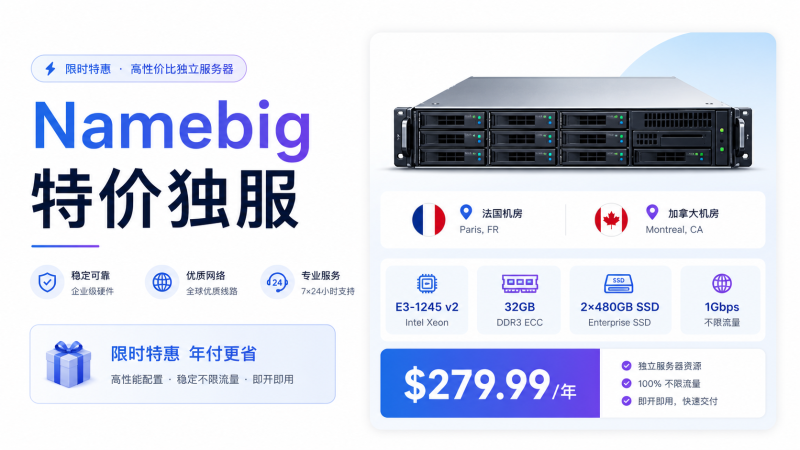 Namebig 特价独服:E3-1245 v2/32G/2×480G SSD/1Gbps不限流量 年付$279.99 法国/加拿大