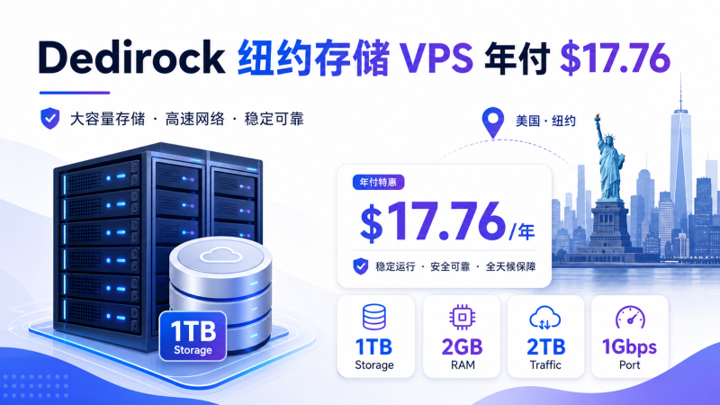 Dedirock 纽约存储 VPS 年付17.76美金：1TB存储+2GB内存 - VPS导航