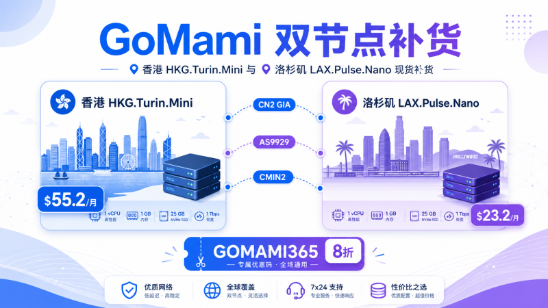 GoMami补货香港/洛杉矶:三网CN2 GIA/9929/CMIN2入门机,年付8折